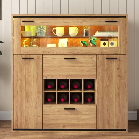 Buffet Salle a Manger avec LED et Un casier à vin, Meuble de Rangement avec 2 Portes et 2 tiroirs Vaisselier pour Le Salon et la Cuisine
