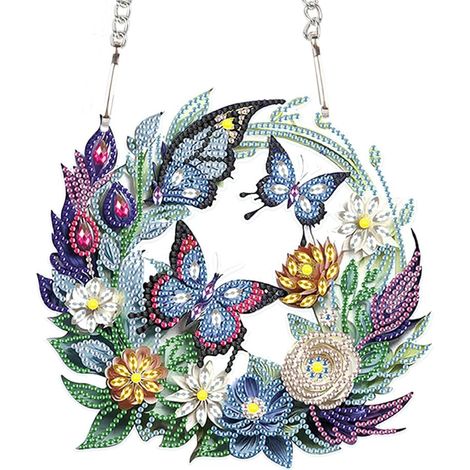 Couronne de porte avec pendentif et chaînette, décorations de fenêtre avec peinture diamant, kits de peinture diamant 5D avec chat pour fenêtre, mur, entrée, jardin, décoration, papillon et fleur (1/5)