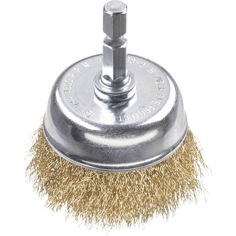 Brosse boisseau, fine, fil de laiton, Ø 50 mm pour métal et pierre, brosse métallique pour perceuse, y compris tige hexagonale E6.3, pour dérouiller, décalaminer, rendre rugueux et nettoyer