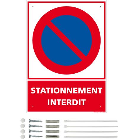 Panneau de signalisation prépercé PVC ou ALU rectangulaire + kit de fixation - Stationnement interdit - PVC 1 mm - 300 x 420 mm
