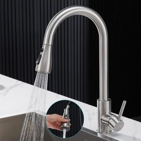 Robinet Cuisine avec Douchette Extractible, Mitigeur Cuisine Acier Inoxydable 304, Haut Bec Robinetterie Evier Rotatif à 360° en 3 Modes de Réglage, Finition Brossée, Froid & Chaud Disponible (1/5)