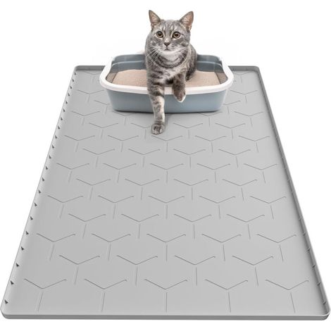 Tapis pour litière chat grand format 86 x 56 cm en silicone imperméable gris, protège-sol anti-déversement pour bac à litière (1/5)