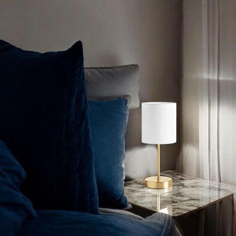 Lampe de chevet en laiton mat – abat-jour cylindrique blanc, 35 cm de hauteur × 15 cm de diamètre – interrupteur sur cordon noir (1/3)