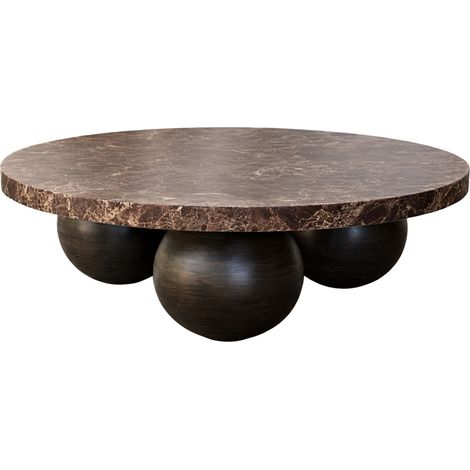 GIORGIA - Table basse en marbre d'ingénierie marron pieds rond bois massif noir