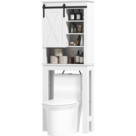 Meuble WC avec porte coulissante et 6 compartiments de rangement, blanc