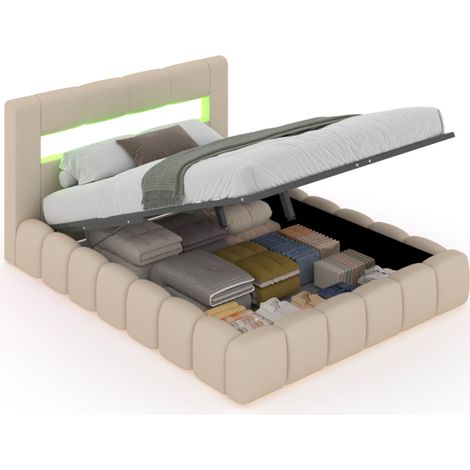 Letto nuvola LED con cassettiera 160x200cm velluto beige OMAHA