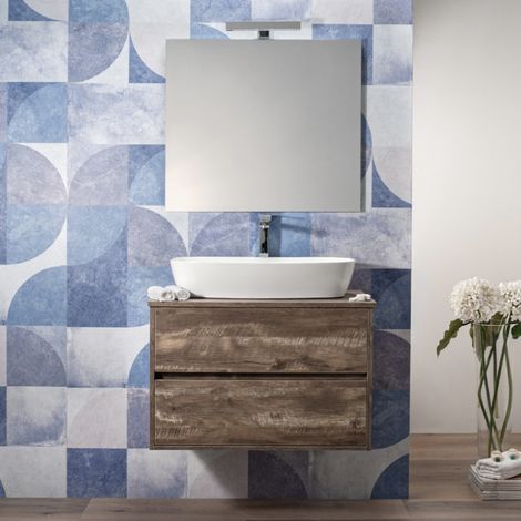 Mobile Bagno Sospeso 100 cm Effetto legno Grezzo 2 Cassetti Top per  Lavabo da Appoggio (1/5)