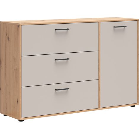 Commode 3 tiroirs 1 porte meuble de rangement coloris Chêne artisan / cachemire - Longueur 134 x Profondeur 38 x Hauteur 86,8 cm (1/4)