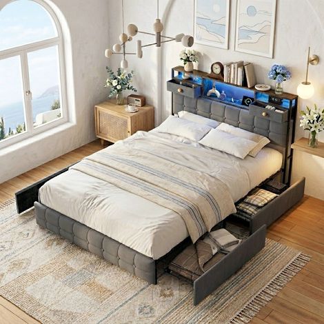 Lit Double 160x200 cm avec Tiroirs de Lit Rangement, LED RGB Intégrée, Port USB/Type-C, Sommier Hydraulique, Tissu Velours, Design Moderne - Gris