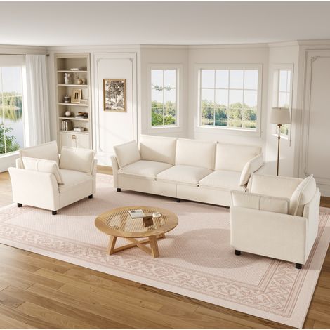 Sofá modular 3+1+1 en chenilla beige con 2 sillones y cojines (1/5)