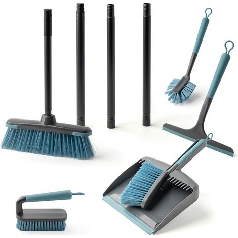 Reinigungsset mit Besen Kehrschaufel Spülbürsten und Flitsche - 6-teilig - Universal Kehrschaufel und Reinigungsbürsten Set