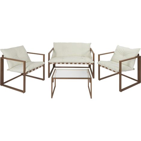 USHA - Salon de Jardin 4 Pièces Marron et Blanc + Coussins (1/5)