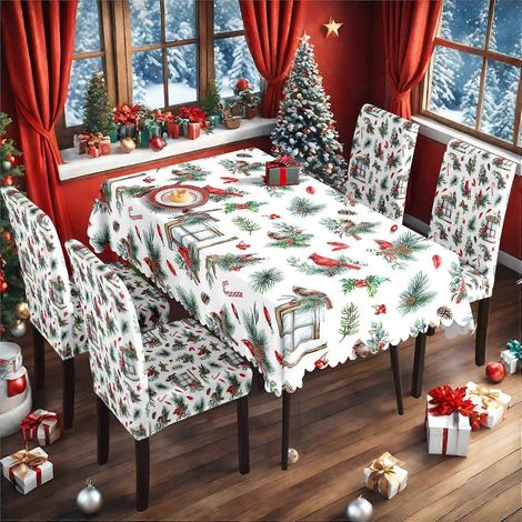 Ensemble nappe et housse de chaise extensible imperméable à motif oiseaux rouges, style Noël 2025 (140 x 210 cm) - TC-257