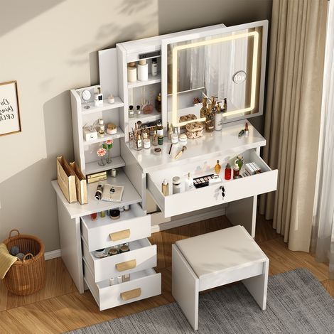 Coiffeuse avec Miroir LED et Tabouret, Luminosité Réglable, 3 Couleurs, Coiffeuse avec Prise Et Grand Miroir, 4 tiroirs et 6 Étagères, 36P X 87L X 136H cm, Blanc