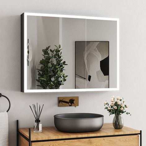 LED Spiegelschrank mit Beleuchtung 80 x 60 cm, Bad-Hängeschränke Spiegelschrank Bad mit Beleuchtung Badezimmer Spiegelschrank mit Touch-Schalter, 3 Einstellbare Lichtfarben, Beschlagfrei, Schwarz