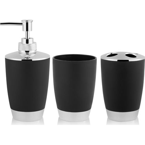 Fockety Badezimmer-Accessoire-Set, 4-teiliges Set Badezimmer-Kombinationsaccessoires, bestehend aus einem Zahnbürstenhalter, einem Seifenschalenspender und einem Spender (Schwarz)