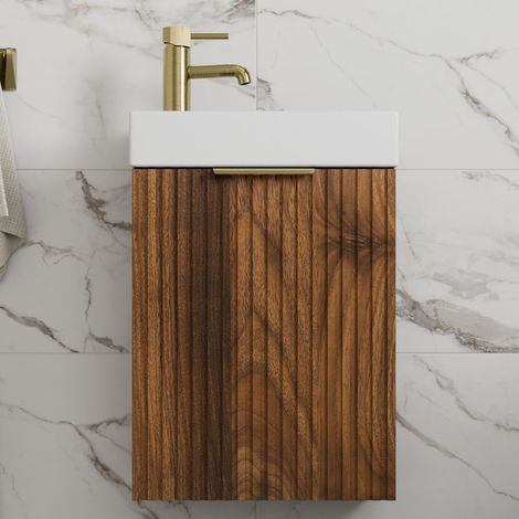 Fluted 400mm Bathroom Vanity Unit Basin Wall Hung Cupboard Soft Close Walnut (1/5)