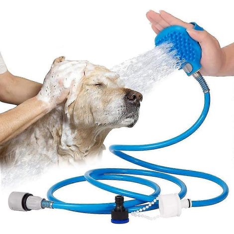 Douchette pour animaux de compagnie, robinet de douche et outil de bain avec douchette à main réglable et brosse de massage douce, avec 3 adaptateurs pour robinet intérieur/extérieur (1/4)