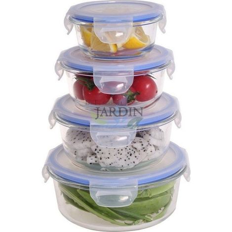Set 4 fiambreras vidrio redondas 210, 400, 650 y 950ml, resistentes al calor y fáciles de limpiar