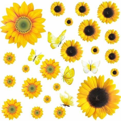 27 abnehmbare Sonnenblumen-Wandaufkleber, gelbe Blumen, wasserfeste 3D-Blumen-Schmetterlings-Wandaufkleber, DIY-Dekoration für Kinderzimmer, Babyzimmer, Wohnzimmer, Badezimmer, Babyzimmer