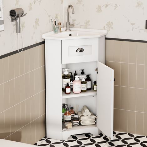 Mueble de baño blanco con lavabo de cerámica, MDF resistente al agua, independiente, tiradores de metal (1/5)