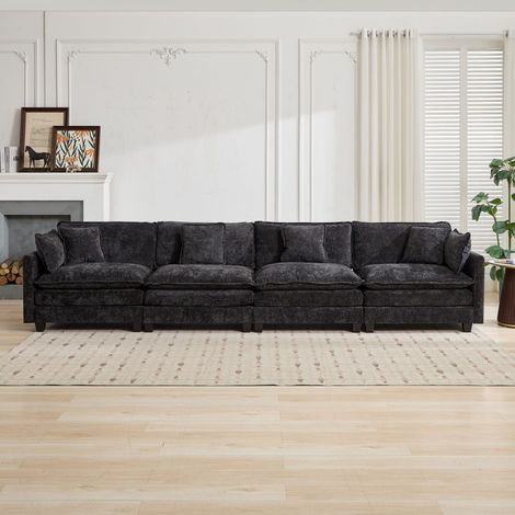 Sofá modular Cloud de 4 plazas - Seccional para salón - Asiento de doble capa - 380 x 75 x 84 cm - en tejido de chenilla negro (1/5)