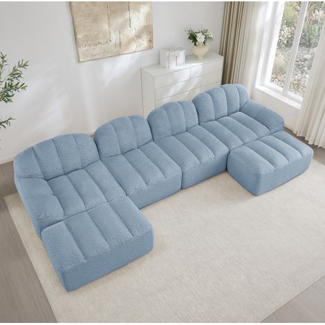 Modulares U-Sofa 4-Sitzer in Blau mit 2 Ottomane, Granulat-Fleece und 32D-Schaum (1/5)