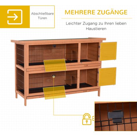 Clapier d'hiver isolé 2 étages en bois avec bac amovible, toit bitumé, portes, 136,4 x 50 x 93 cm Orange (1/4)