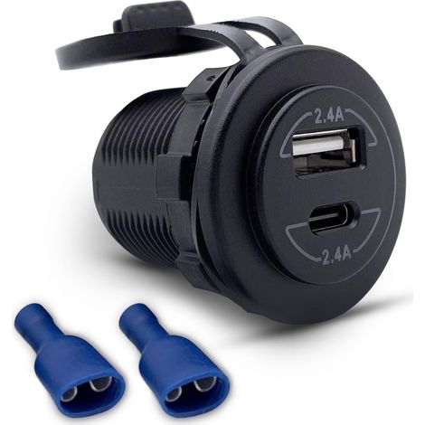Offgridtec presa USB auto 12V/24V con copertura a ribalta, ricarica rapida (5V 2,4A USB-A + USB-C), caricatore da pannello IP65 impermeabile per auto, camper, barche e camion, ABS resistente (1/5)