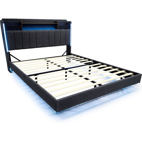 Letto imbottito 160x200 cm grigio con LED, USB e contenitore testiera (1/5)