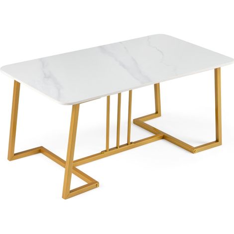 Coffee Table Faux Marble 90cm Metal Frame White Gold