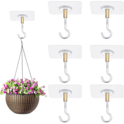 Lot de 6 crochets de plafond autocollants en PVC et laiton, pastille 59 × 59 mm, tige 15 mm, extensibles jusqu'à 57 mm, pour plantes, lampes et suspension (1/4)