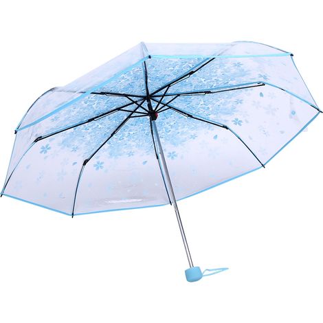 Parapluie pliant transparent 1 pièce, style princesse, motif fleurs de cerisier, bleu (1/3)