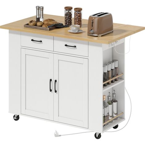 Îlot de cuisine roulant blanc avec station de charge, plan de travail rabattable et 2 tiroirs (1/5)