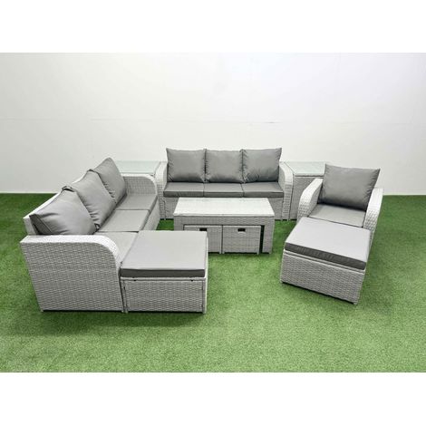 Fimous Outdoor Garden Furniture Set PE Rattan 3 Seater Sofa Reclining Chair Set with Oblong Coffee Table 4 Footstools 2 Side Tables Light Grey (1/4)