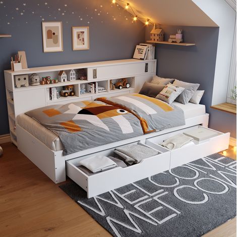 Letto singolo multifunzione in MDF bianco 90x190 cm con cassetti, armadietto, mensole e rete a doghe inclusa (1/5)