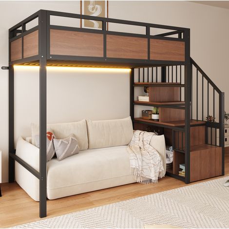 Cama alta 90x200 con escalera con almacenaje y LED OKMYHOME (1/5)