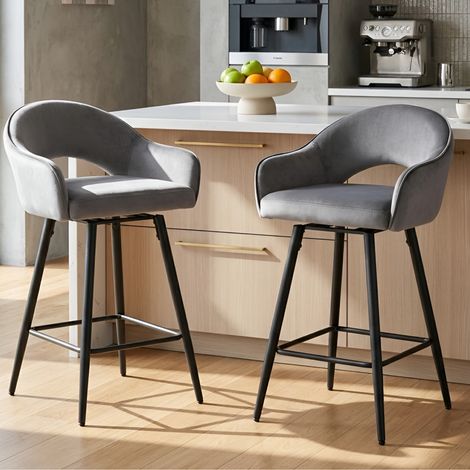 Wahson Barhocker 2er Set aus Samt, Modern Tresenhocker Gepolstert Barhocker mit Lehne Schwenkbar Metallbeinen für Esszimmer Hausbar, Grau