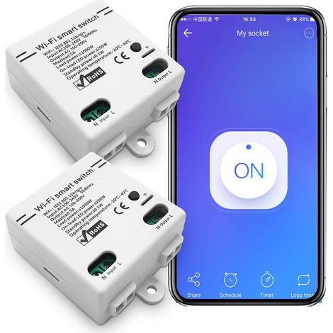WiFi Smart Switch Intelligent Télécommande Universelle sans Fil Commande vocale avec Minuterie Commutateur DIY 2.4G WiFi Commutateurs À Distance Compatible avec Alexa, Google Assistant, IFTTT(2 Packs) (1/5)