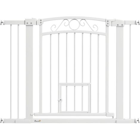 Cancello sicurezza cane indoor, con 2 estensioni 76-104 cm e gattaiola, per corridoi e scale, 77 cm alto, bianco