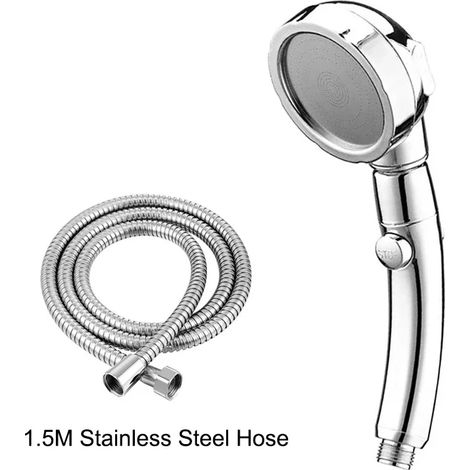 (Argent, tuyau d'eau inclus) Pommeau de douche à main économique en eau, 3 jets, rotation à 360° avec bouton d'arrêt (1/5)