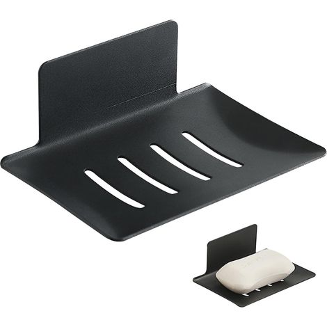 Soucoupe à savon noire, 1 tablette porte - savon de douche robuste non percé, avec montage auto - adhésif (12,2 x 8,2 cm, acier au carbone, noir) (1/5)