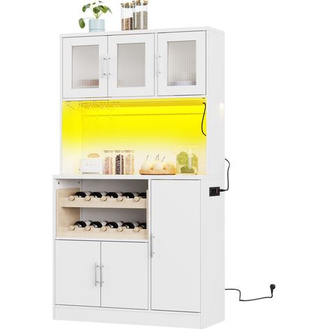 Vaisselier de cuisine blanc LED avec prise, porte-verres et casier à vin, étagères réglables, meuble de rangement moderne 100 x 40 x 180 cm CHICFURN (1/5)