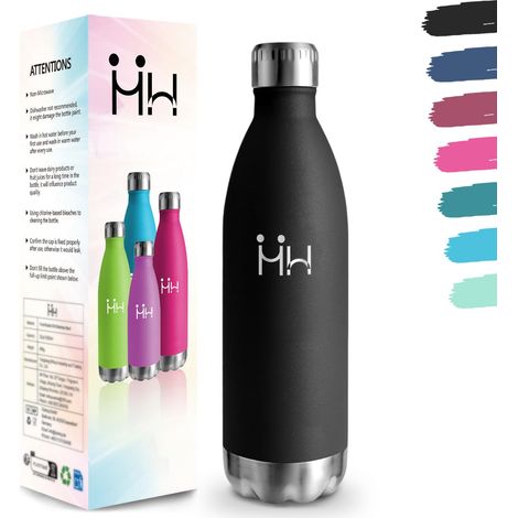Gourde, 1000 ml Sans BPA, Gourde Isotherme, 18/8 Acier Inoxydable, Bouteille Isotherme, Isolation Sous Vide à Double Paroi, Bouteille Acier Inoxydable pour Voyage, Cuisine, Salle de Sport - Noir (1/5)