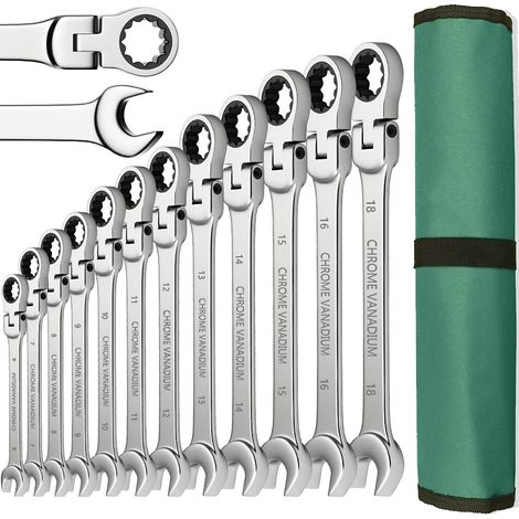 Jeu de 10 clés à cliquet (8-19 mm) avec tête flexible et étui en toile. (1/5)