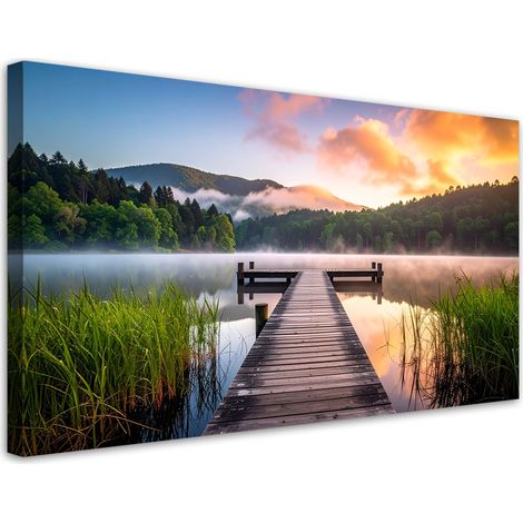 Quadro su tela, Lago nella nebbia pontile paesaggio, 100x50 (1/5)
