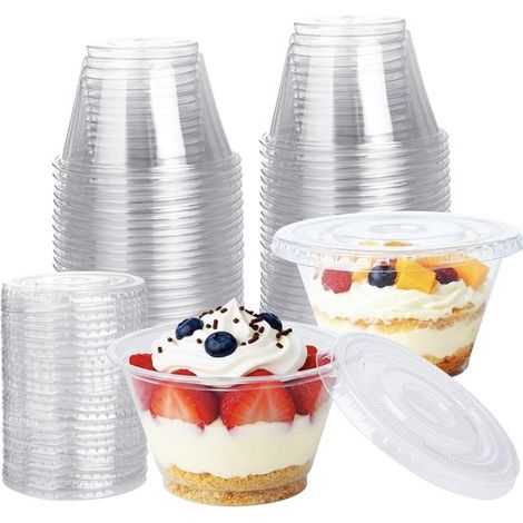 Coupes à dessert en plastique, 200 ml, lot de 50, rondes avec couvercles plats (sans trou), réutilisables et transparentes, idéales pour les mousses et les glaces. (1/5)