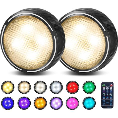 Luz nocturna a pilas, lámpara LED inalámbrica RGBW, foco LED, luz para armario/despensa/estante/entrada/cocina/pasillo [Paquete de 2, Negro] [Clase energética A+]