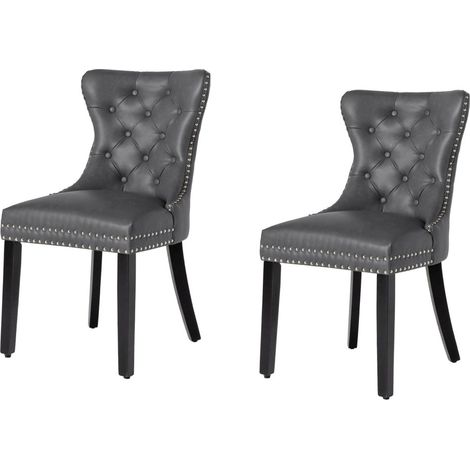 Lote de 2 sillas Chesterfield REGINA gris antracita en cuero artificial capitoné – Anillo plateado y patas negras (1/5)