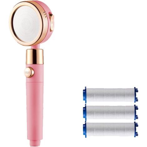 Duschkopf, wassersparender Anti-Kalk-Duschkopf, Hochdruck-Duschkopf für Badezimmer mit 3 + 1 Strahlarten und Filter, Ein-Tasten-Wasserabsperrung – ABS – Rosa (1/5)